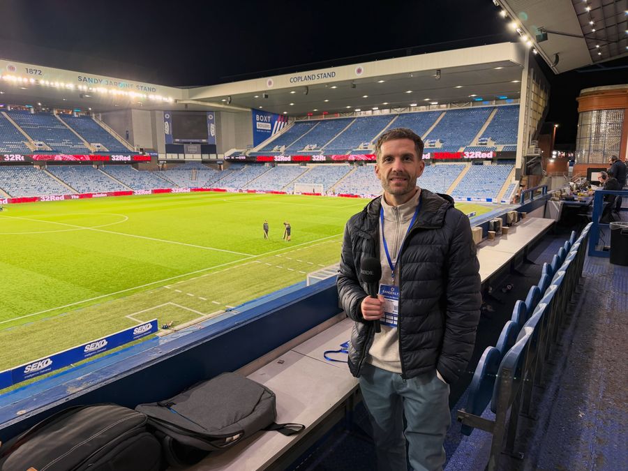 Greg at Ibrox with a microphone and media pass